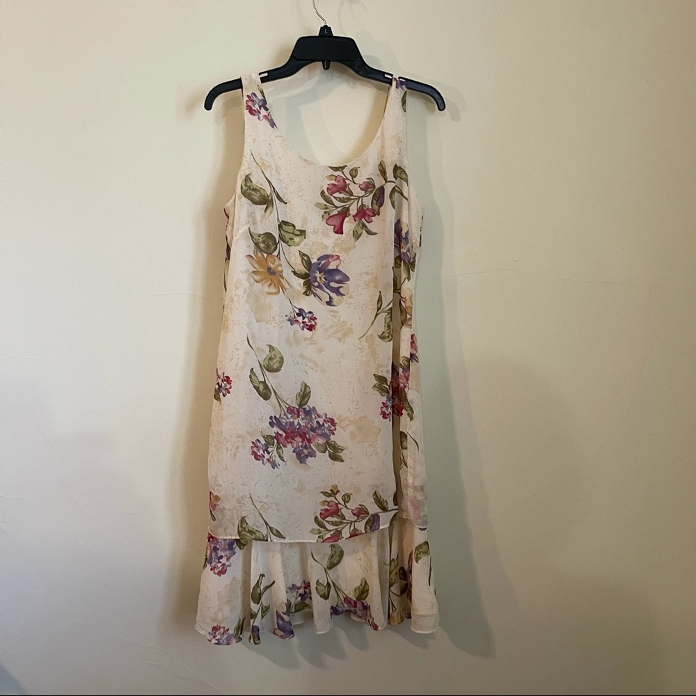 Vintage Mary McFadden Floral Cream Ruffle Tier Dress